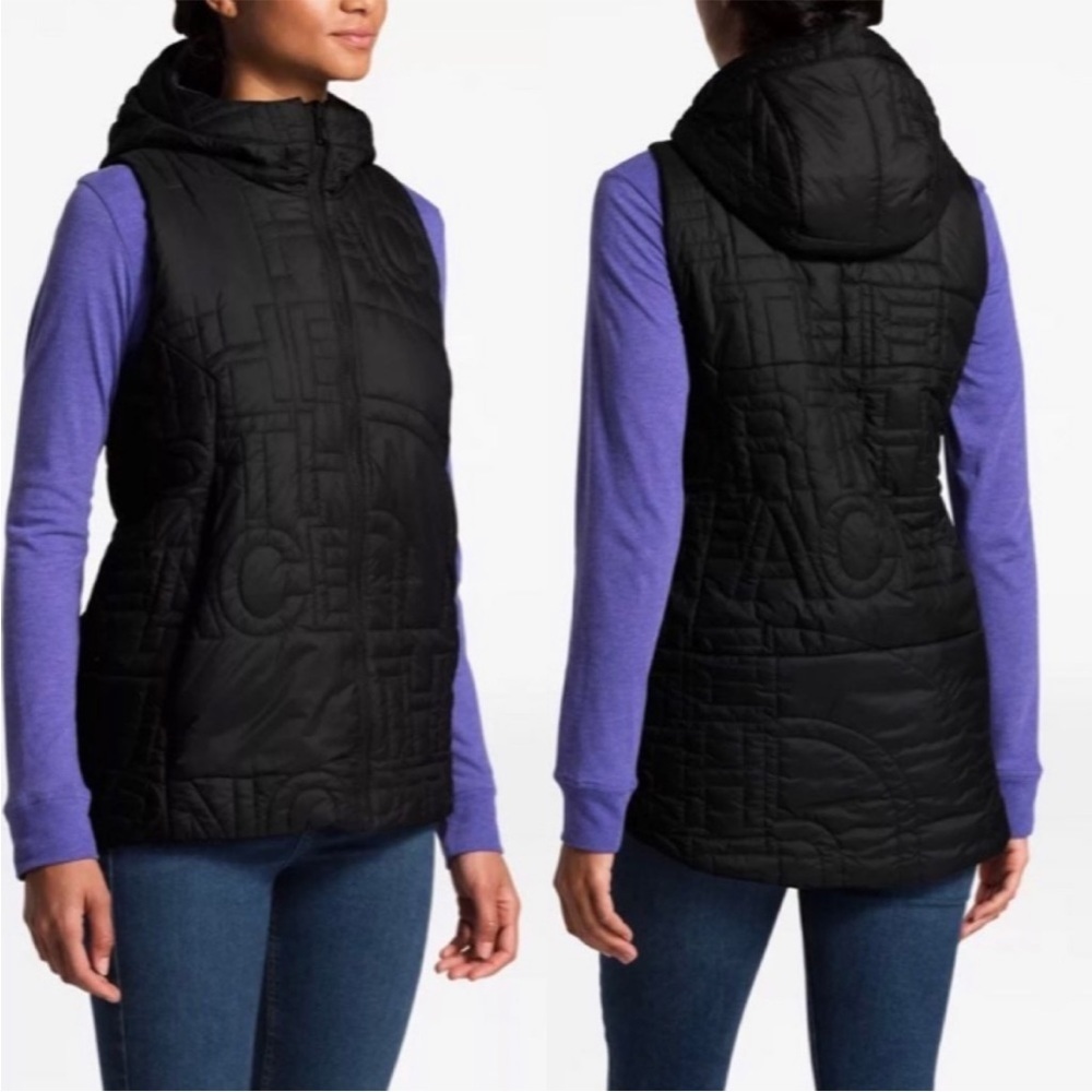 The North Face vest hooded womens xs black logo print alphabet city